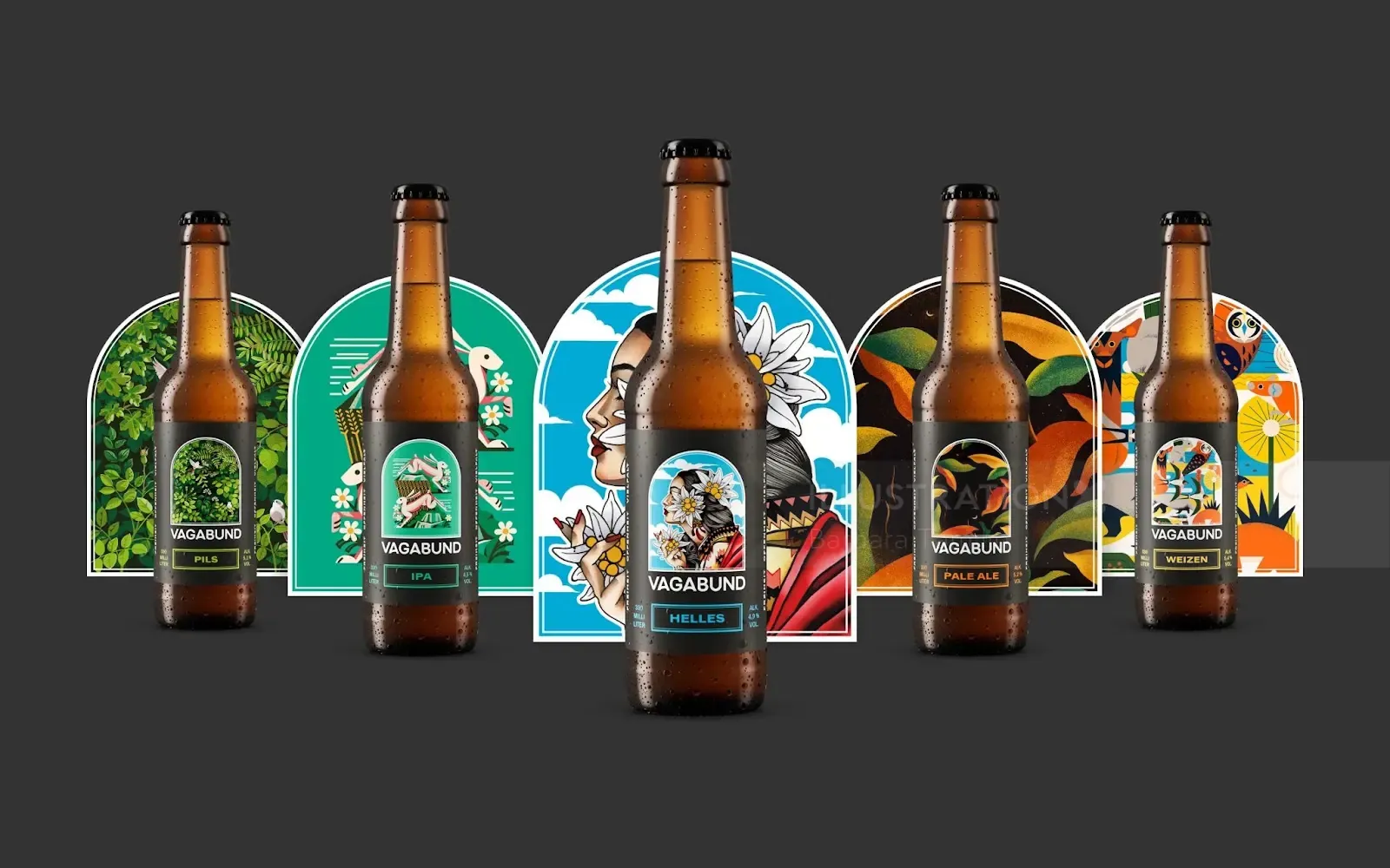 Barbara Tamilin artwork showing five colorful beer bottles against a dark background