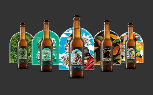 Barbara Tamilin artwork showing five colorful beer bottles against a dark background