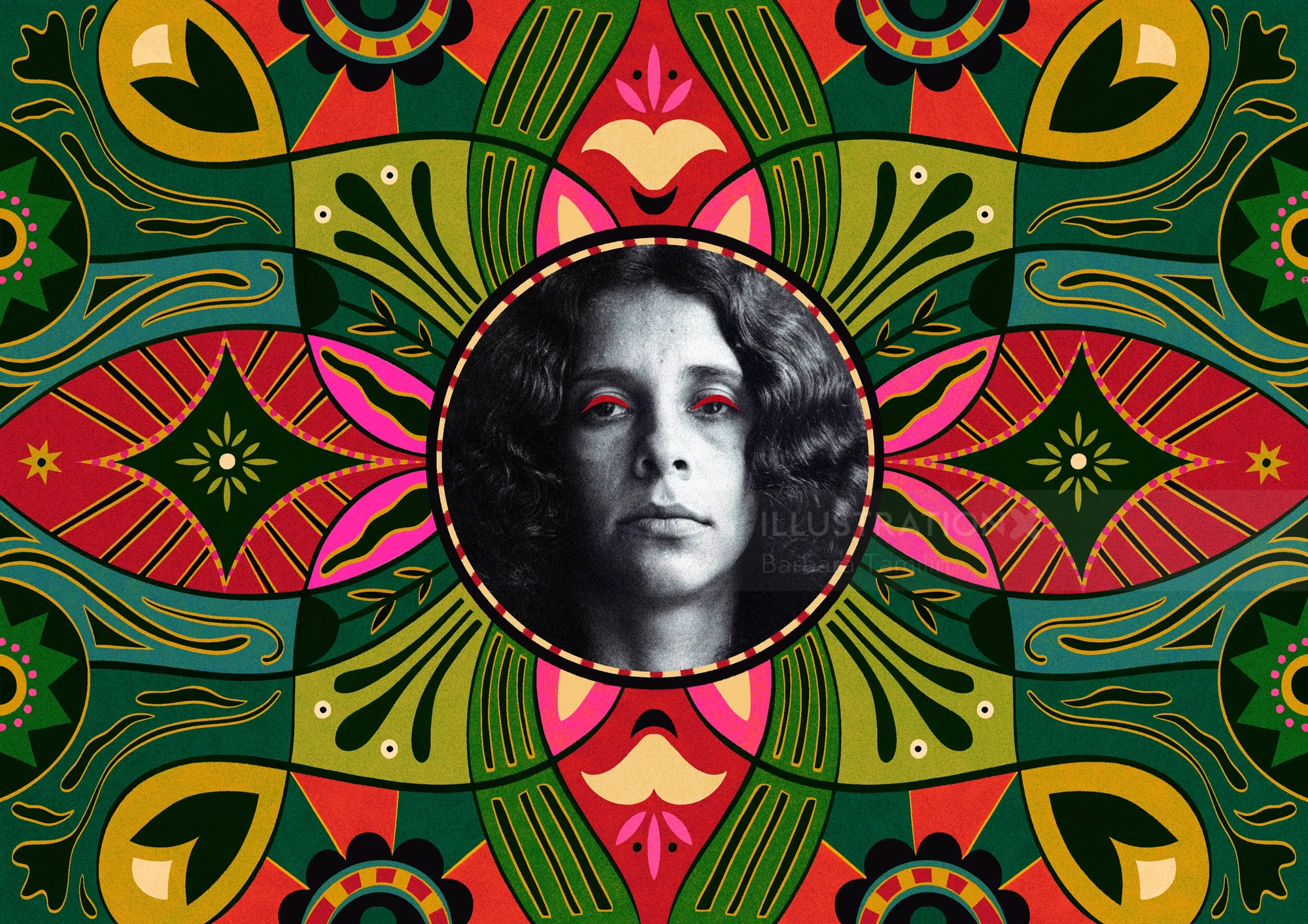 Barbara Tamilin œuvre d'art représentant le portrait d'une femme au sein de motifs floraux symétriques et colorés