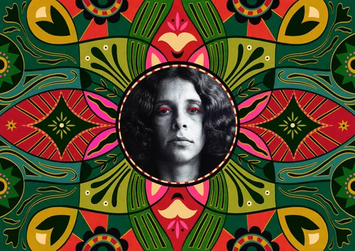 Barbara Tamilin artwork showing a woman’s portrait within colorful symmetrical floral patterns