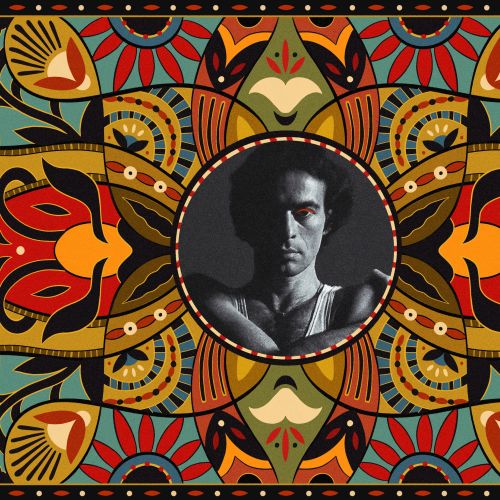 Barbara Tamilin artwork featuring a monochrome portrait within a colorful symmetrical pattern