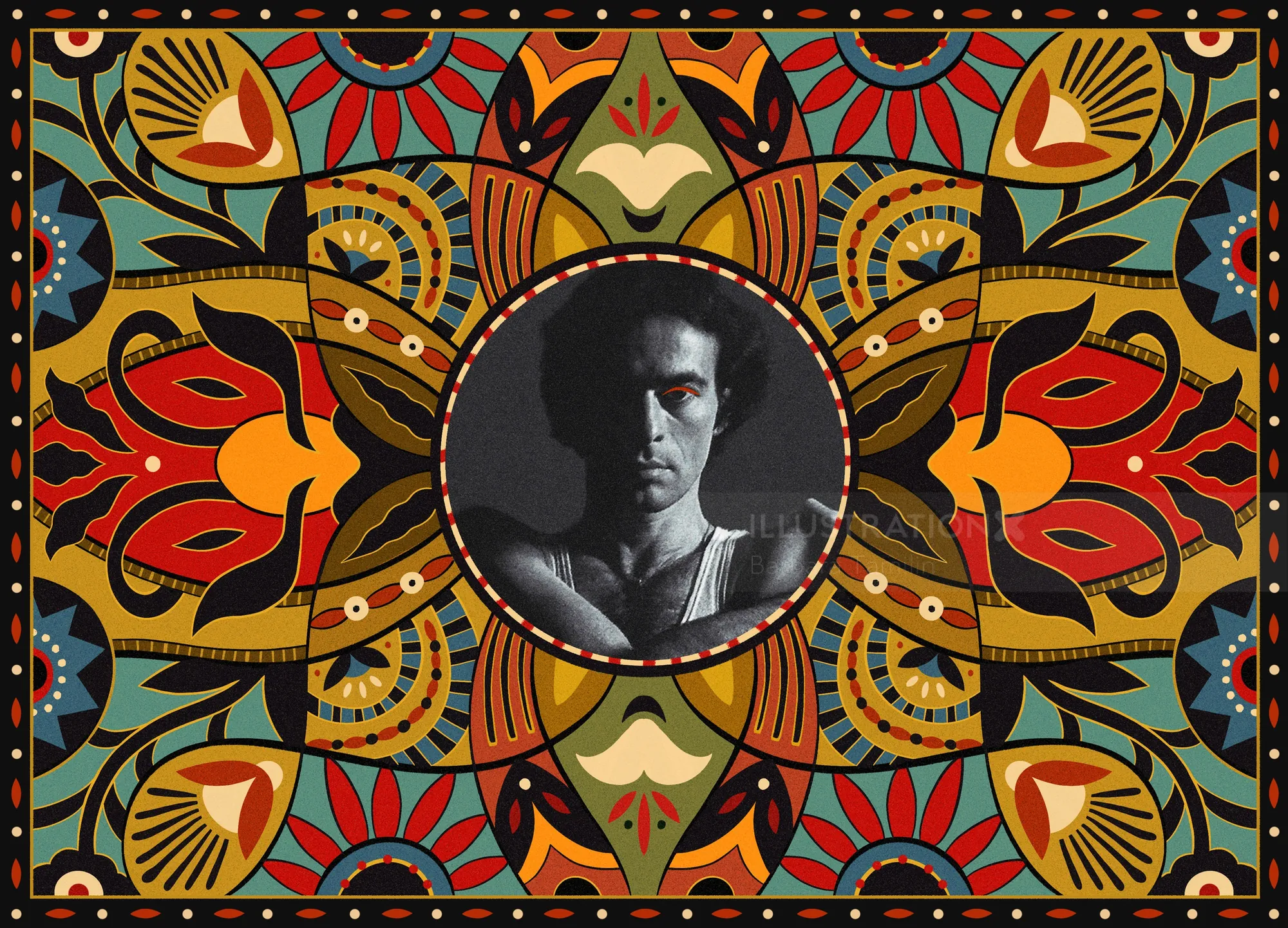 Barbara Tamilin artwork featuring a monochrome portrait within a colorful symmetrical pattern