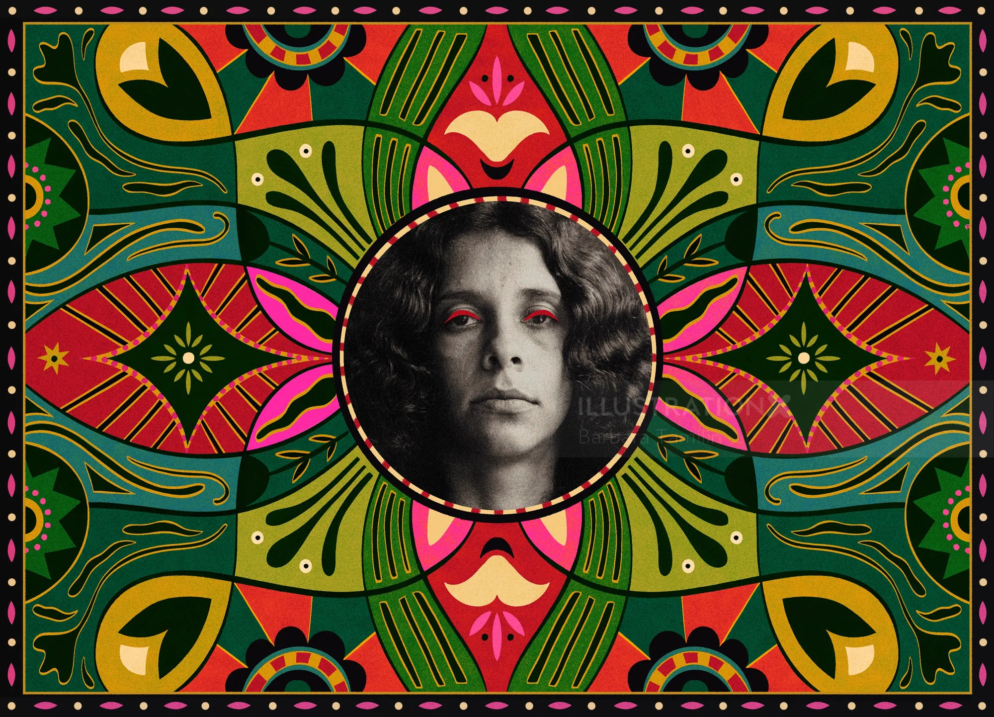 Barbara Tamilin artwork showing a monochrome woman’s portrait in an ornate colorful symmetrical fr