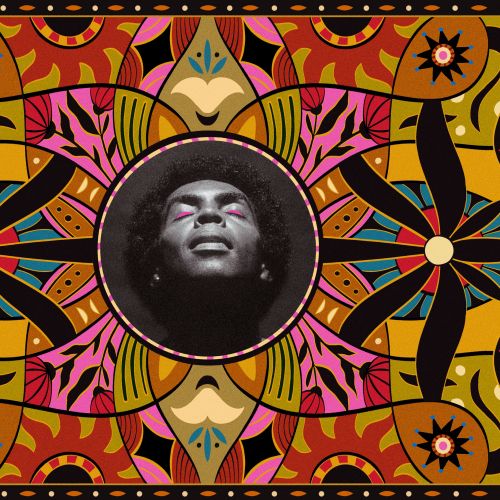 Barbara Tamilin artwork with a monochrome portrait surrounded by vibrant symmetrical patterns