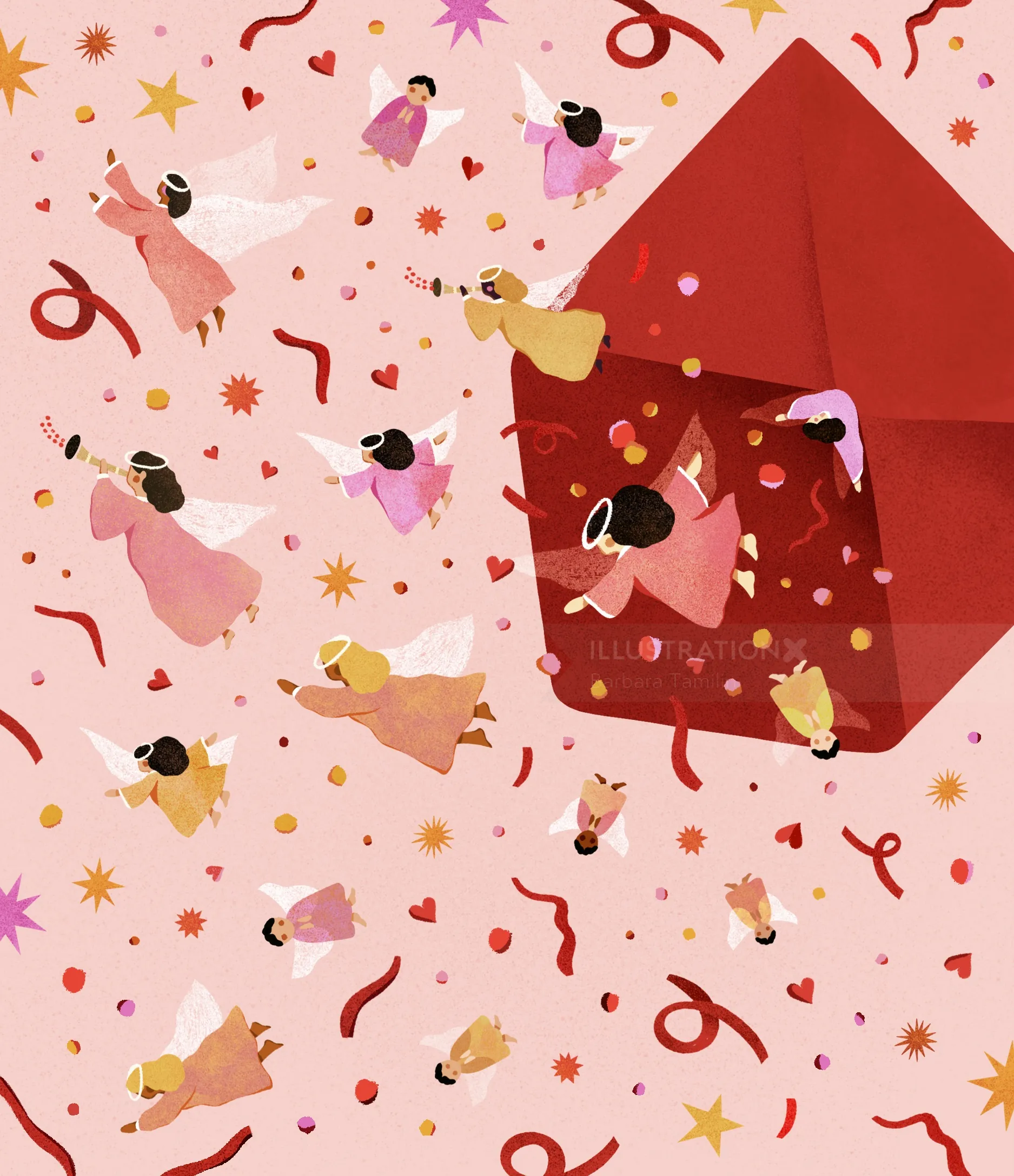 Barbara Tamilin illustration of floating dancers and confetti around a red geometric shape
