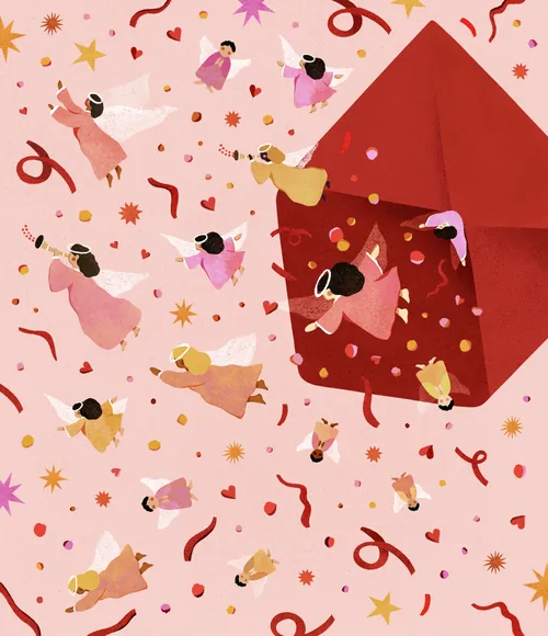 Barbara Tamilin illustration of floating dancers and confetti around a red geometric shape