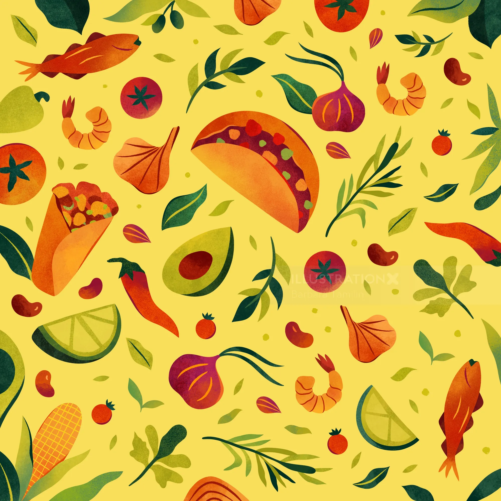 Frutas tropicales coloridas y estampado botánico por Barbara Tamilin
