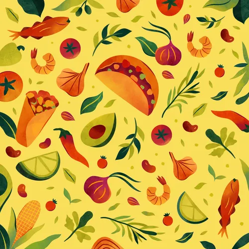 Frutas tropicales coloridas y estampado botánico por Barbara Tamilin