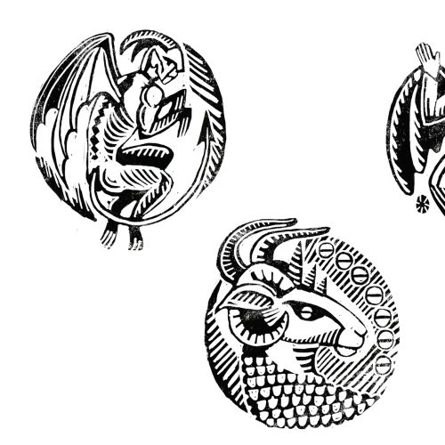 Three circular black and white linocut spot illustrations of a winged demon, warrior angel and seven