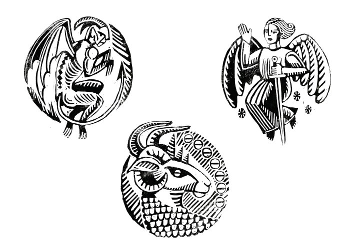 Three circular black and white linocut spot illustrations of a winged demon, warrior angel and seven