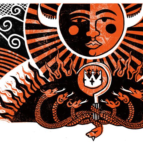 linocut illustration showing a sun/moonwith horns, above a seven-headed serpent, crown and sickle.