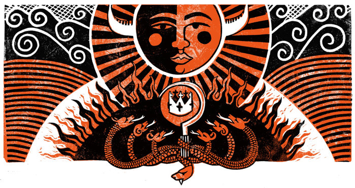 illustration de linogravure montrant un soleil/une lune avec des cornes, au-dessus d&#39;un serpent à sept têtes, d&#39;une couronne et d&#39;une faucille.