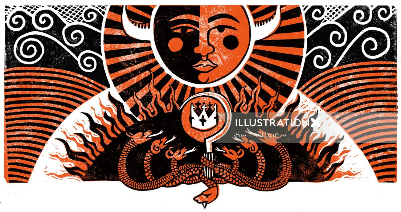 7頭の蛇、王冠、鎌の上に角のある太陽/月を示すリノカットのイラスト。