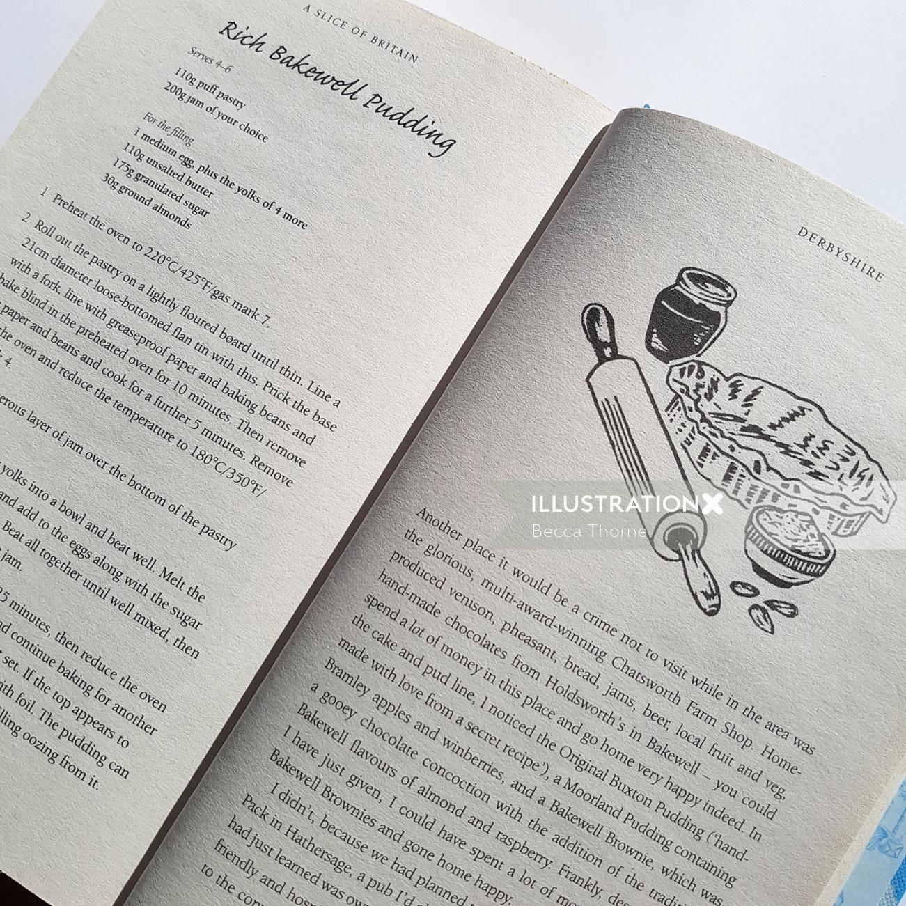 キャロライン・タガートの『A Slice of Britain』に掲載されているベイクウェル プディングのレシピの写真、リノカット スポット付き
