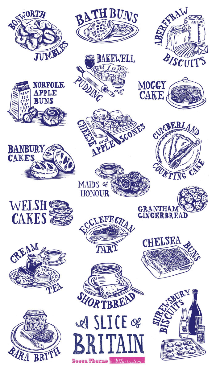 Collection of linocut illustrations of British cakes, pastries and biscuits, with their names. Boswo