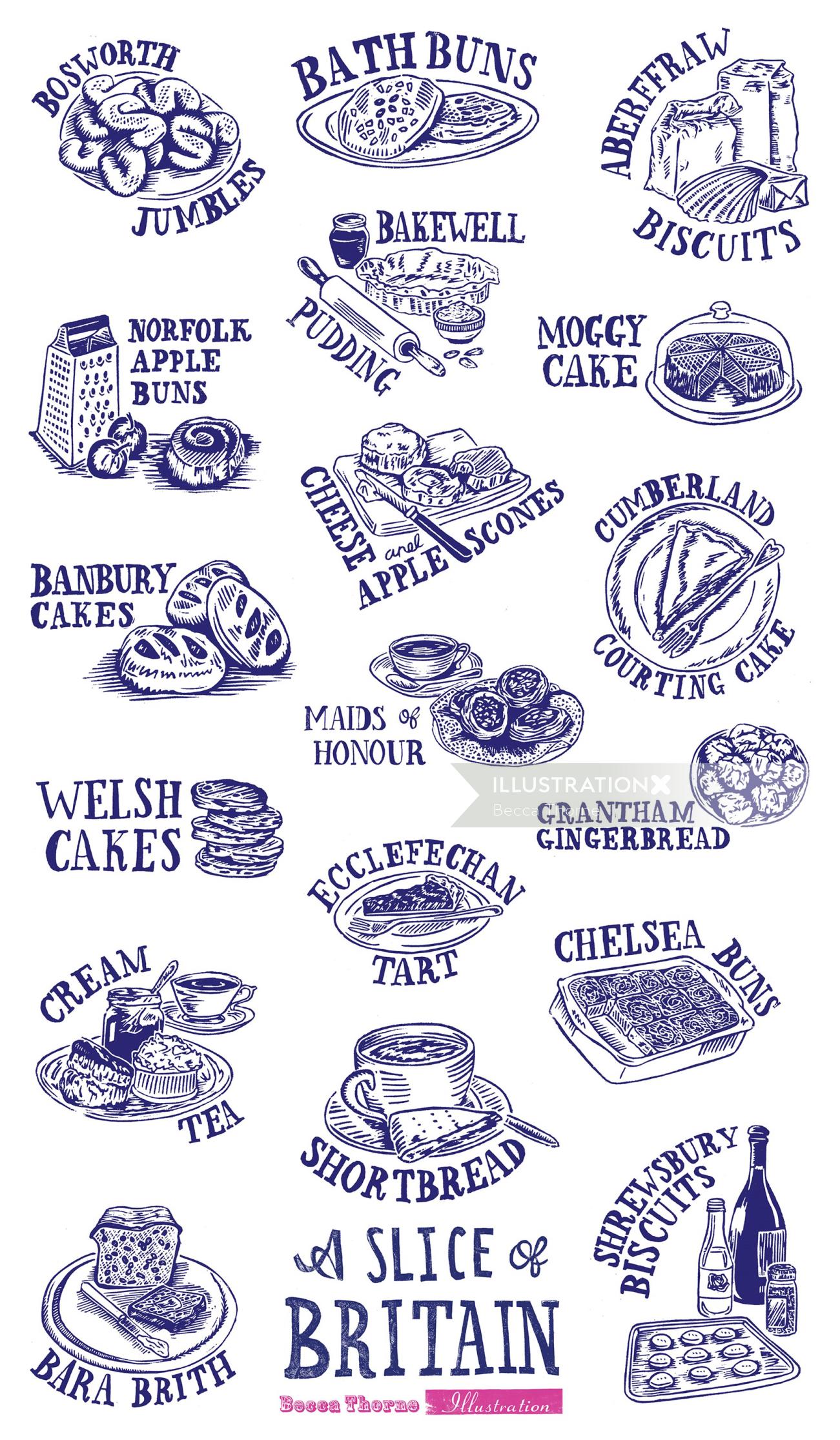 英国のケーキ、ペストリー、ビスケットのリノカットのイラストとその名前のコレクション。ボスウォ