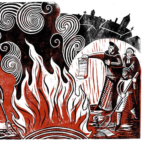 Linocut illustration showing Martin Luther holding the Papal Bull over a central bonfire, with his w