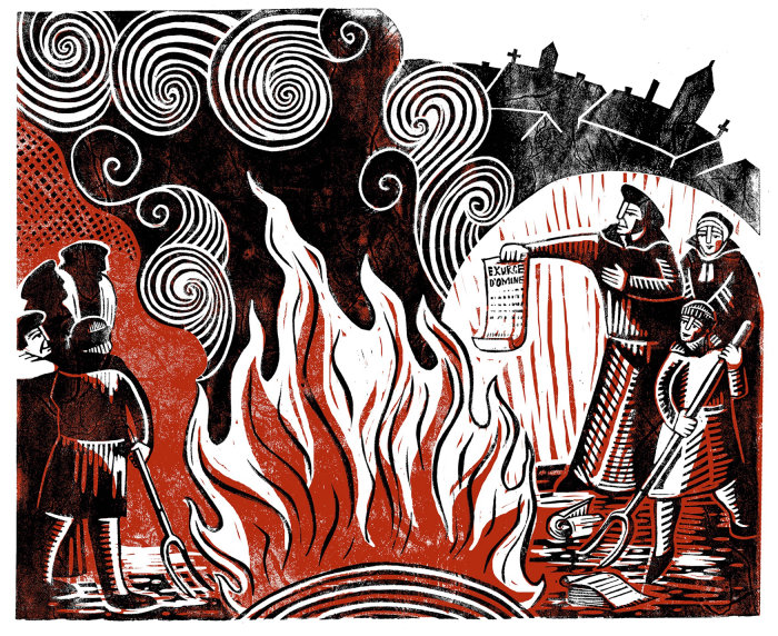 Obra de arte digital sobre Martín Lutero quemando la bula papal del Papa León X