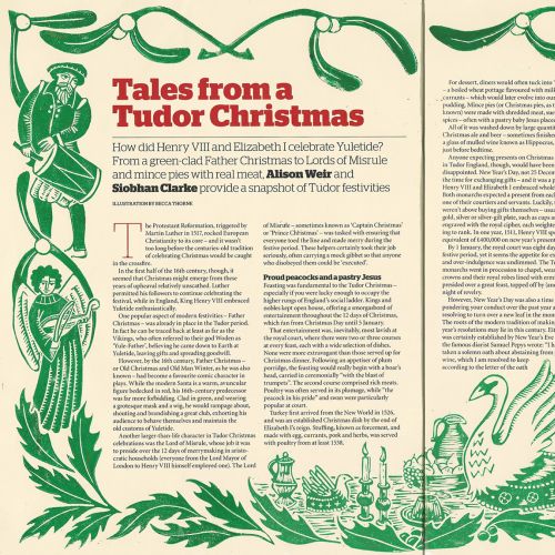Magazine spread titled Tales Of A Tudor Christmas, with a decorative linocut border of mistletoe and