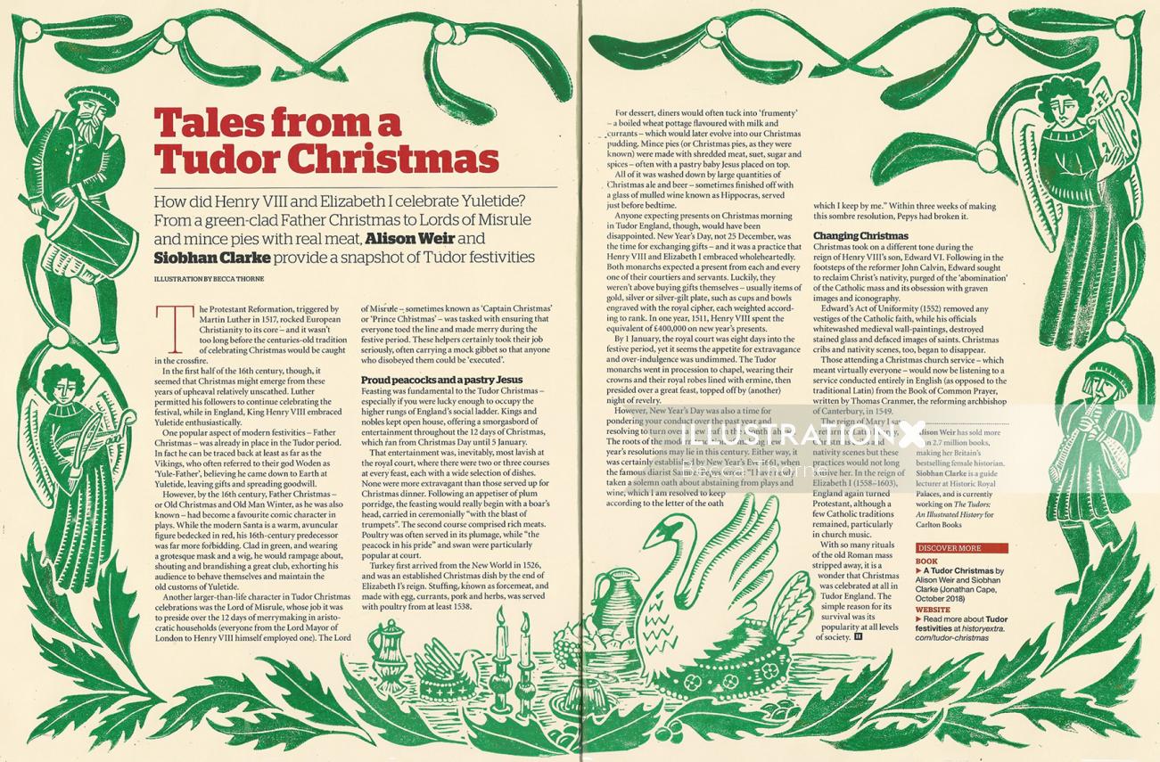Tales Of A Tudor Christmas というタイトルの雑誌の見開きで、装飾的なリノカットのボーダーがヤドリギと