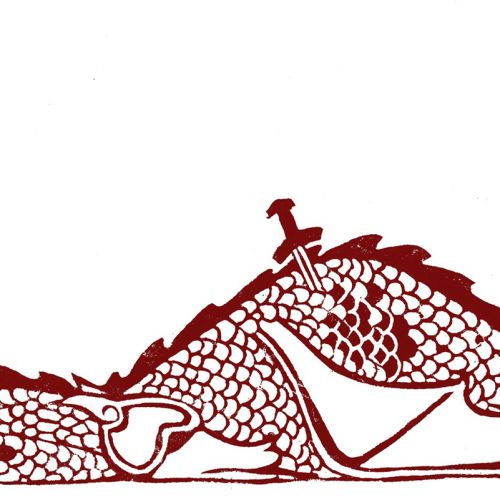 Anglo Saxon -style linocut illustration of  a dead dragon, with a bleeding sword wound,, from The Fo
