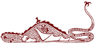 Anglo Saxon -style linocut illustration of  a dead dragon, with a bleeding sword wound,, from The Fo