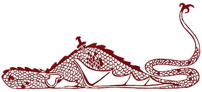Illustration de linogravure de style anglo-saxon d&#39;un dragon mort, avec une blessure à l&#39;épée saignante, de la Fo