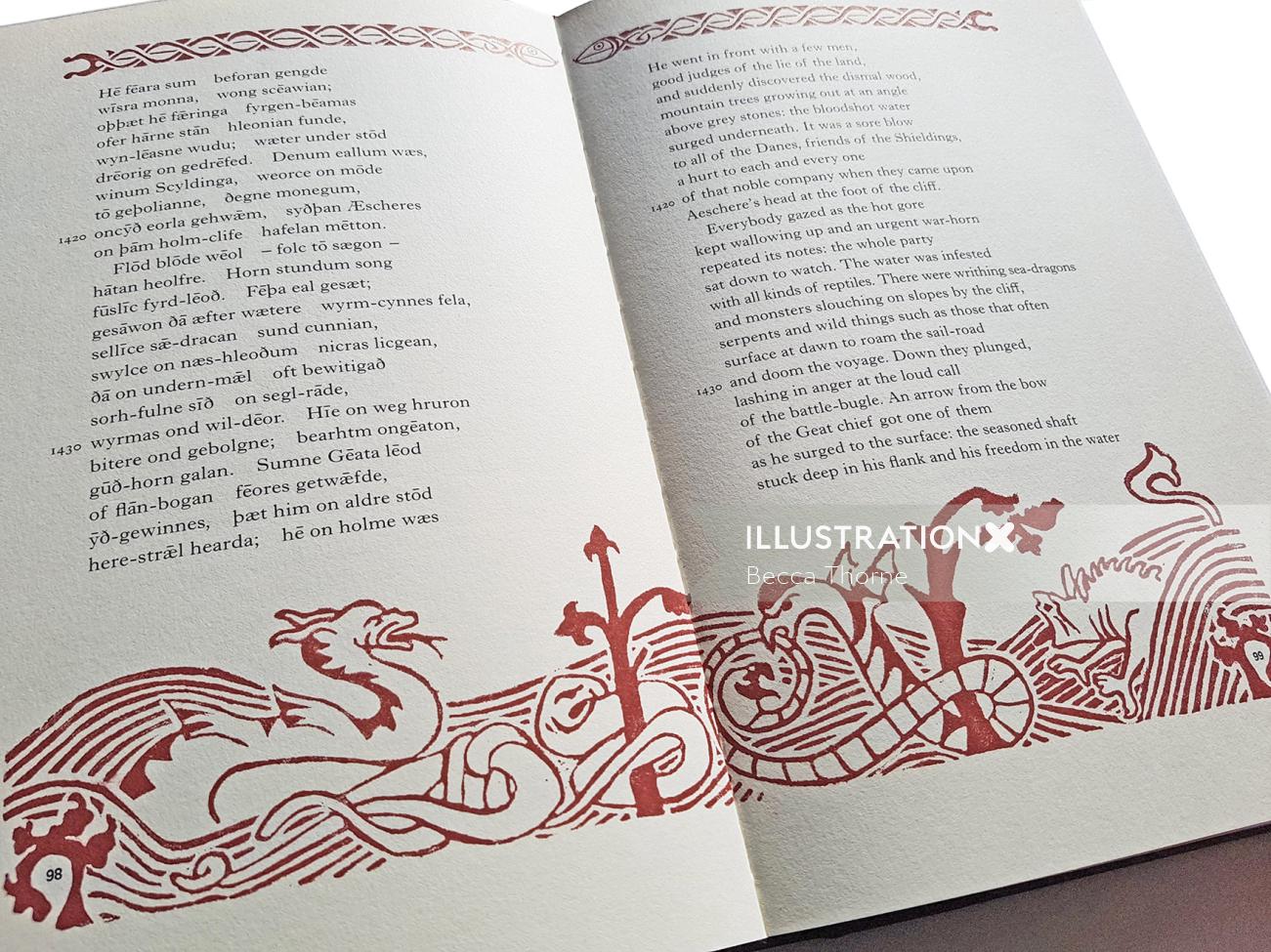 アングロサクソン風のリノカットのイラストが描かれた、シェイマス・ヒーニー作『ベオウルフ』の見開きページ