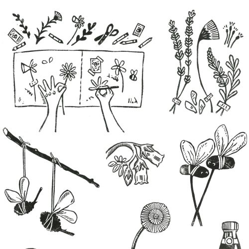 A selection of black and white linocut illustrations: an aerial view of hands drawing a flower in a 