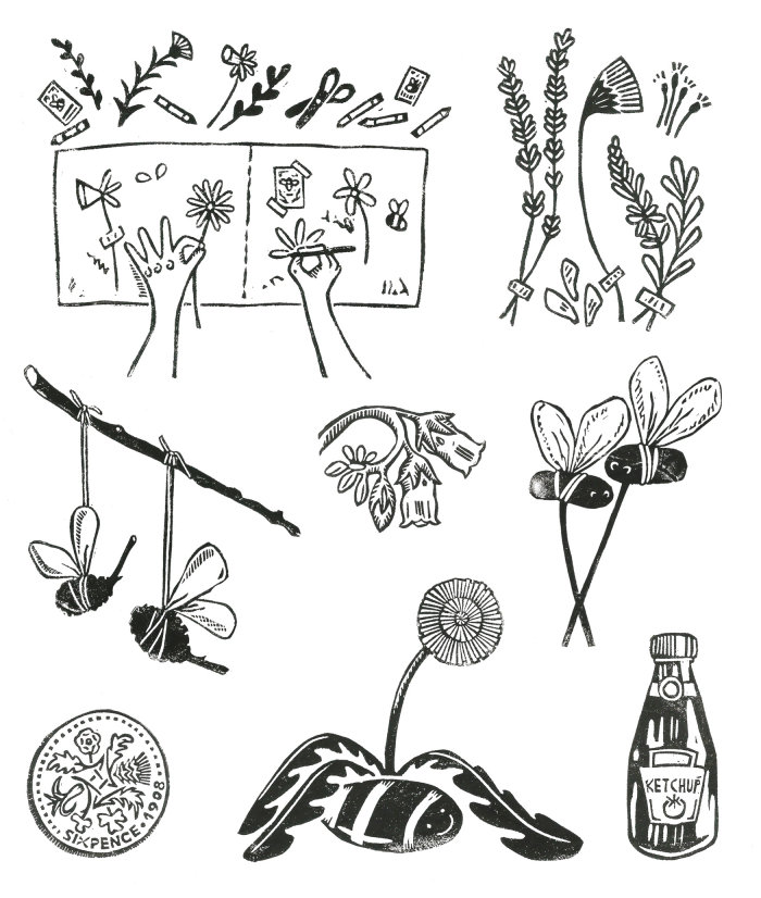 A selection of black and white linocut illustrations: an aerial view of hands drawing a flower in a 