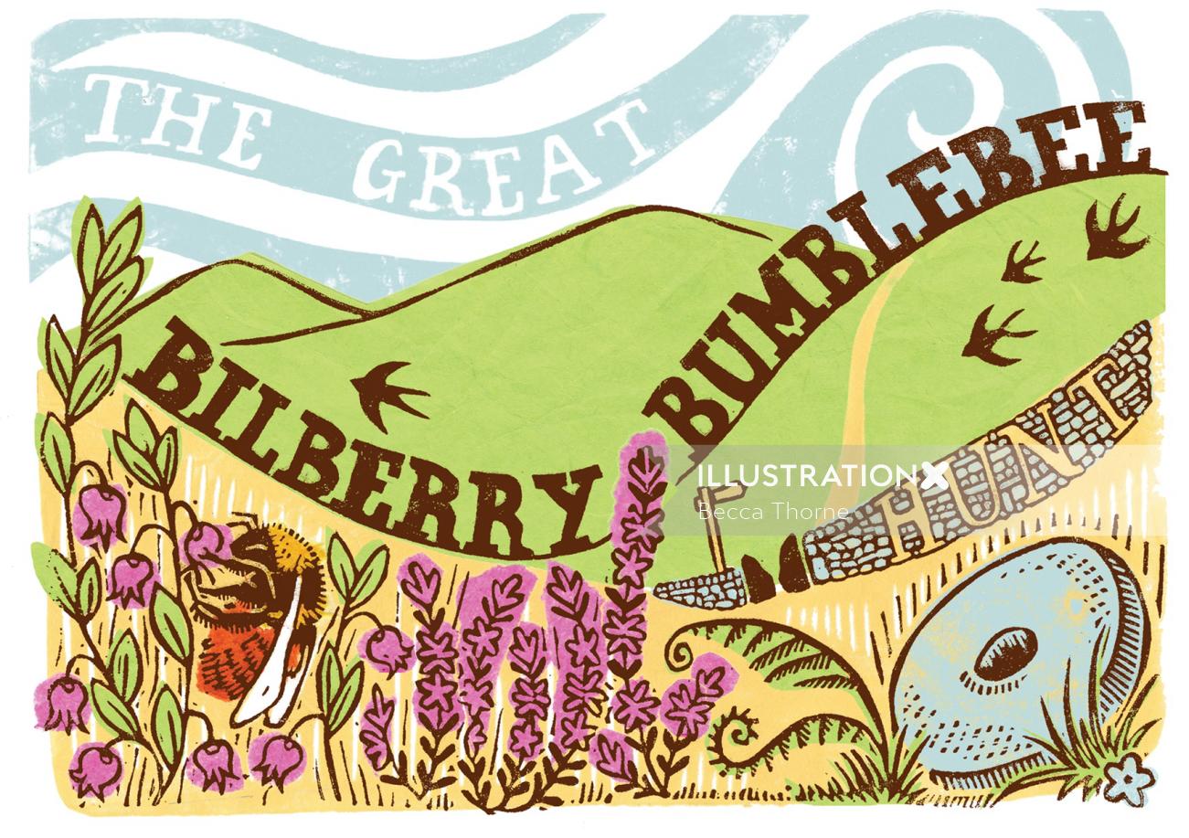 ピーク ディスに対して、ビルベリーとヒースの植物を持つビルベリー マルハナバチを示すカバー イラスト