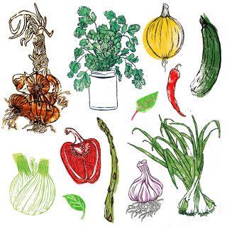 Ilustración de alimentos de la sección de verduras.