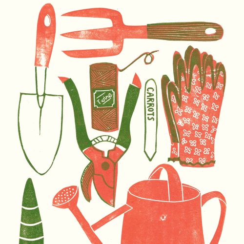 Two colour lincut illustration of garden hand tools, showing a trowel, hand fork, gloves, twine, sec
