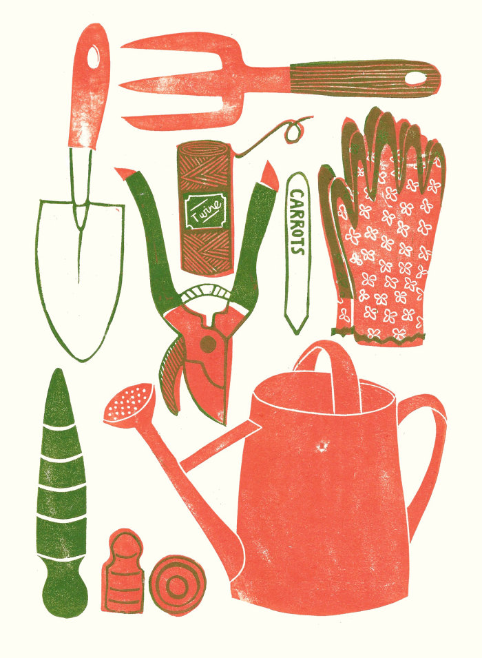 Lincut deux couleurs illustration d&#39;outils à main de jardin, montrant une truelle, une fourchette à main, des gants, de la ficelle, sec