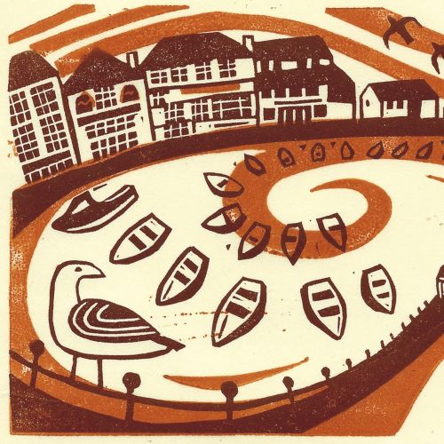 Two colour linocut illustration of a seagull looking across Custom House Quay in Falmouth, Cornwall.