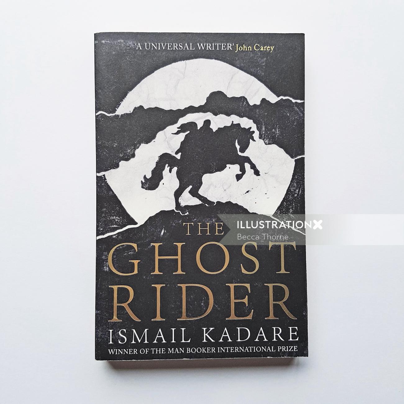 Ismael Kadare の The Ghost Rider の表紙、背伸びをしている男女のリノカットのイラスト