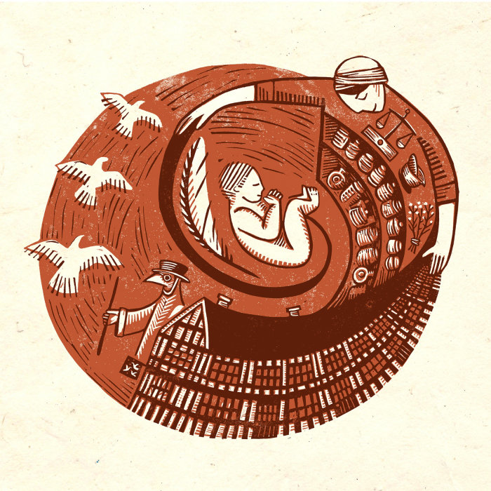 linogravure circulaire sépia montrant une sage-femme enveloppant un apothicaire et un bébé in utero, avec