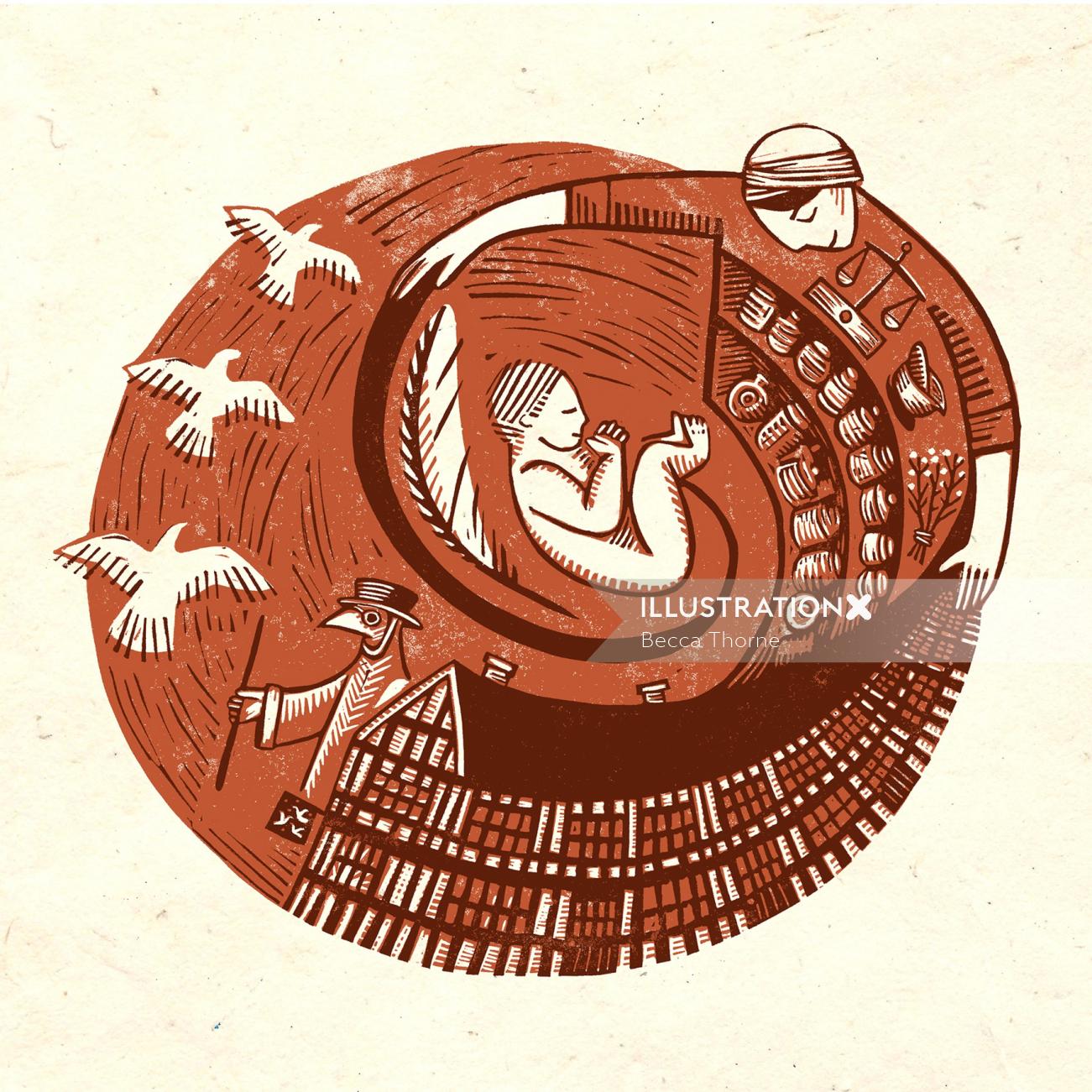 セピア調の円形のリノカット版画で、助産師が薬剤師と子宮内の赤ちゃんを包み込んでいる様子が描かれています。