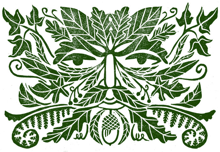 Linocut illustration of a green man face made up of different British tree leaves, including oak, as
