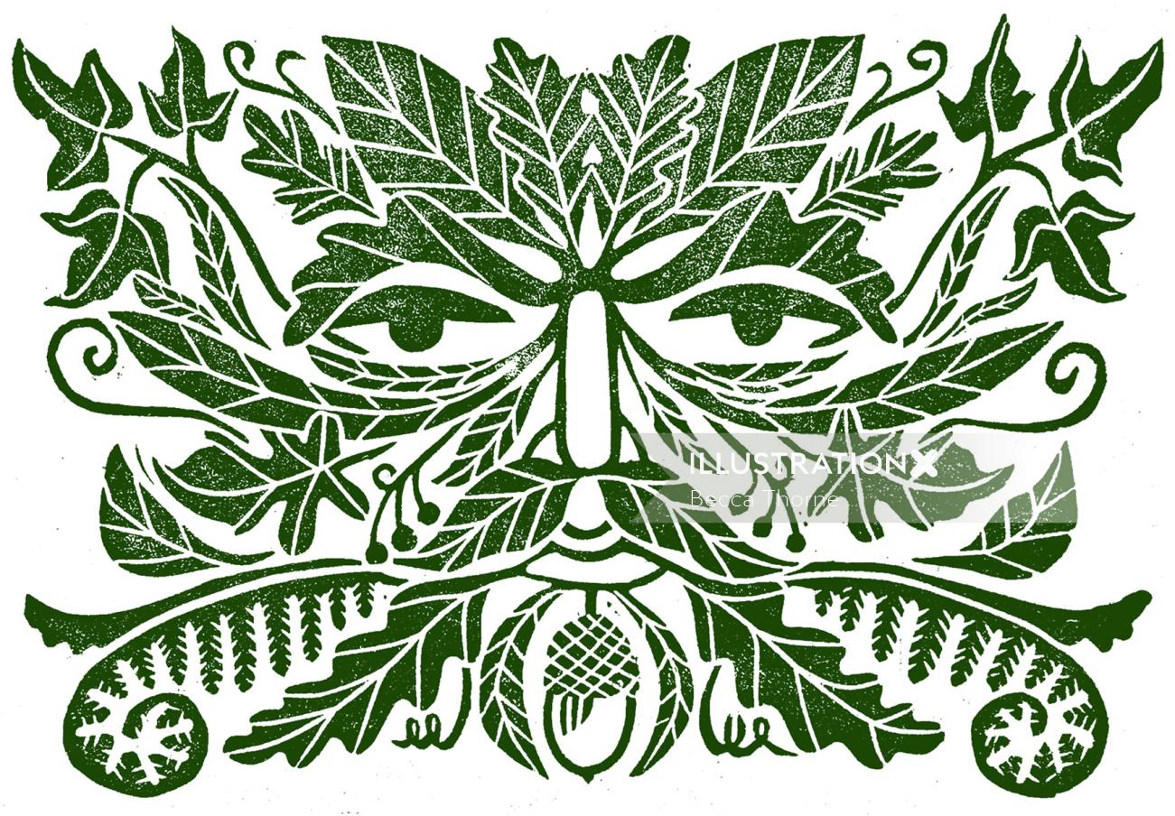 オークを含むさまざまな英国の木の葉で構成された緑の男の顔のリノカットのイラスト