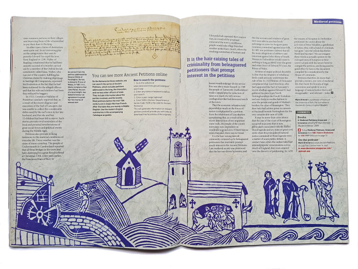 Photoof a magazine spread showing a medieval-inspired double-page illustration of community issues: 