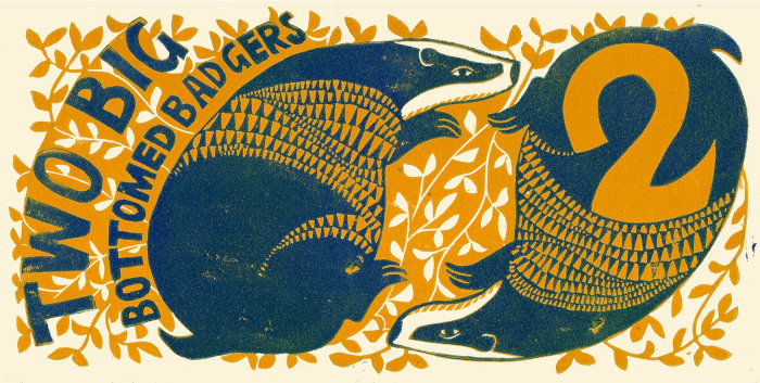 Two colour linocut children's illustration of two badgers in navy blue on a yellow background of twi