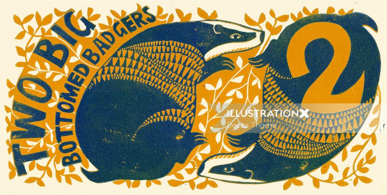 Two colour linocut children's illustration of two badgers in navy blue on a yellow background of twi
