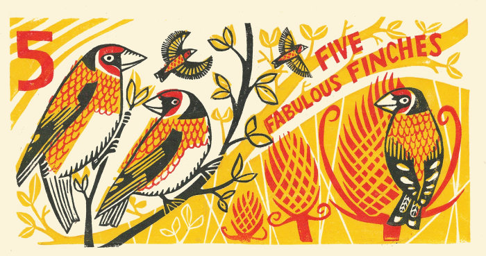 Linogravure en trois couleurs de cinq chardonnerets, volant et assis sur des branches et des cardères. Le nombre cinq