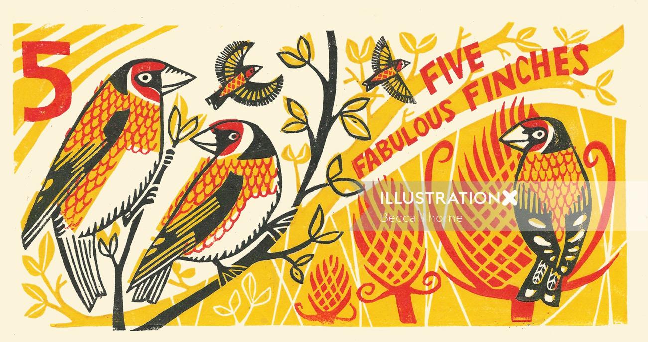 Three colour linocut of five goldfinches, flying and sitting on branches and teasels. The number fiv
