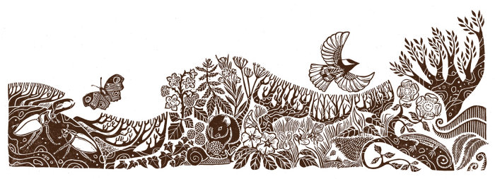 Illustration de paysage de couleur unique montrant des plantes et des animaux de haie, y compris des coléoptères de cerf-volant, pe