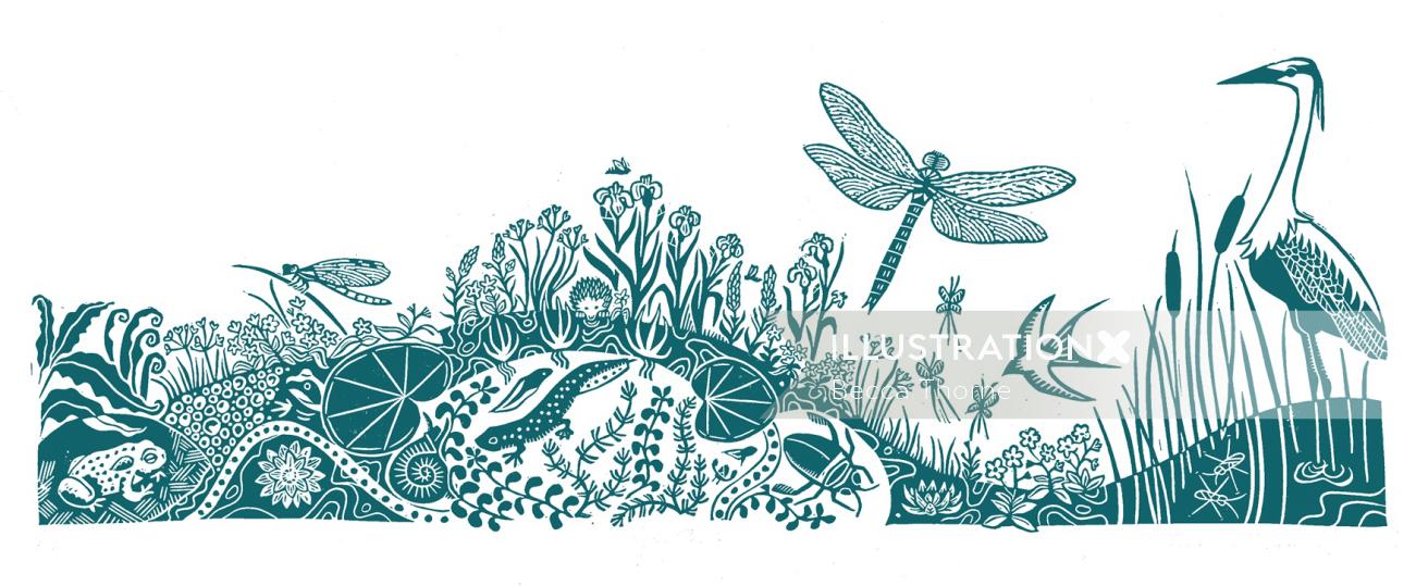 カエルやヒキガエル、ラなど、池の植物や動物を示す単色の風景イラスト