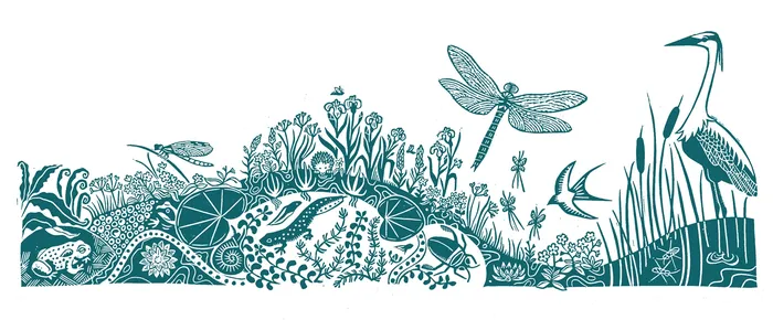 A single-color linocut showing a flourishing pond