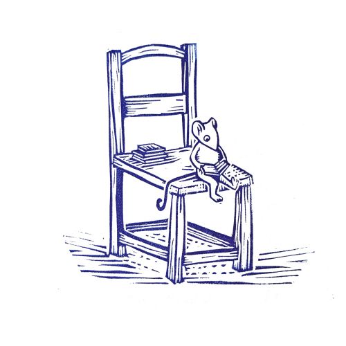 Linocut illustration of a mouse sitting on the edge of a big chair, reading a book and swinging its 