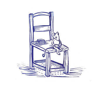 Ilustración en linograbado de un ratón sentado en el borde de una silla grande, leyendo un libro y balanceando su 
